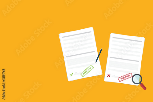 Approved and rejected documents with magnifier, pen and  stamp. Flat design elements. Approved  or rejected application concepts. Vector illustration in flat style isolated on color background.