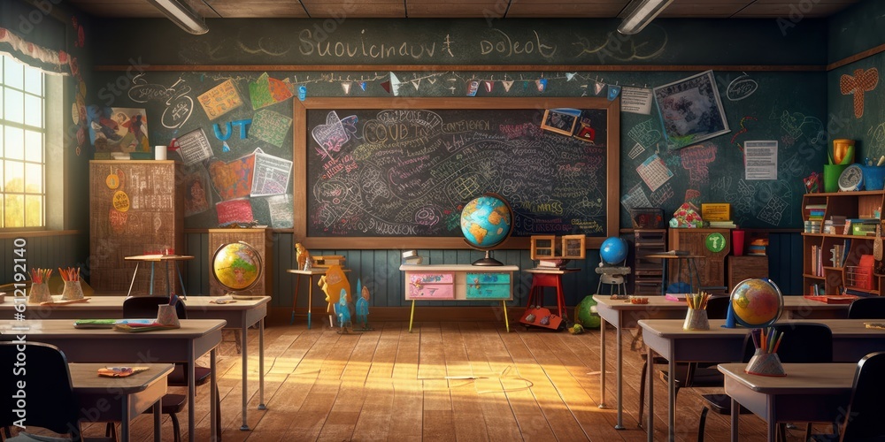 Classroom with Blackboard, Back to School Background with School Supplies. Created with Ai