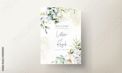 beautiful watercolor wedding invitation with  greenery leaves and white flower