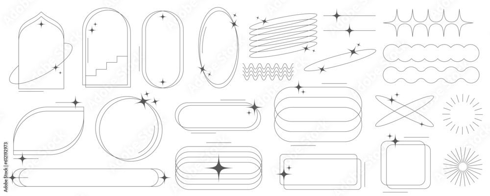 Aesthetic frames and shapes with stars. Minimal y2k outline graphic design with sparkles. Abstract minimalistic arches borders. Trendy boho geometric templates set. Vector illustration.