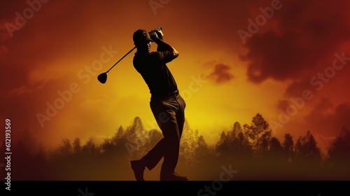 silhouette golf player swing at the sunset sky 