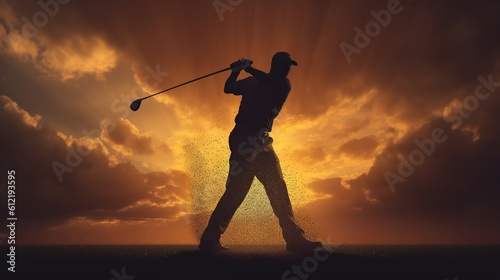 silhouette golf player swing at the sunset sky background Generative AI