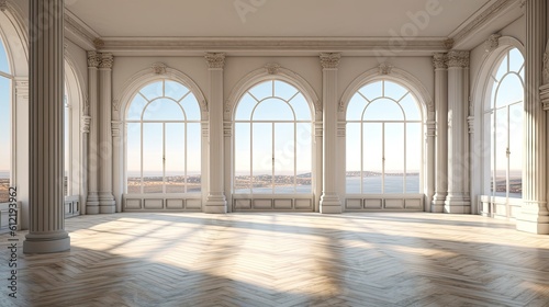 Classic interior that is empty and has a city outlook. a mockup Generative AI