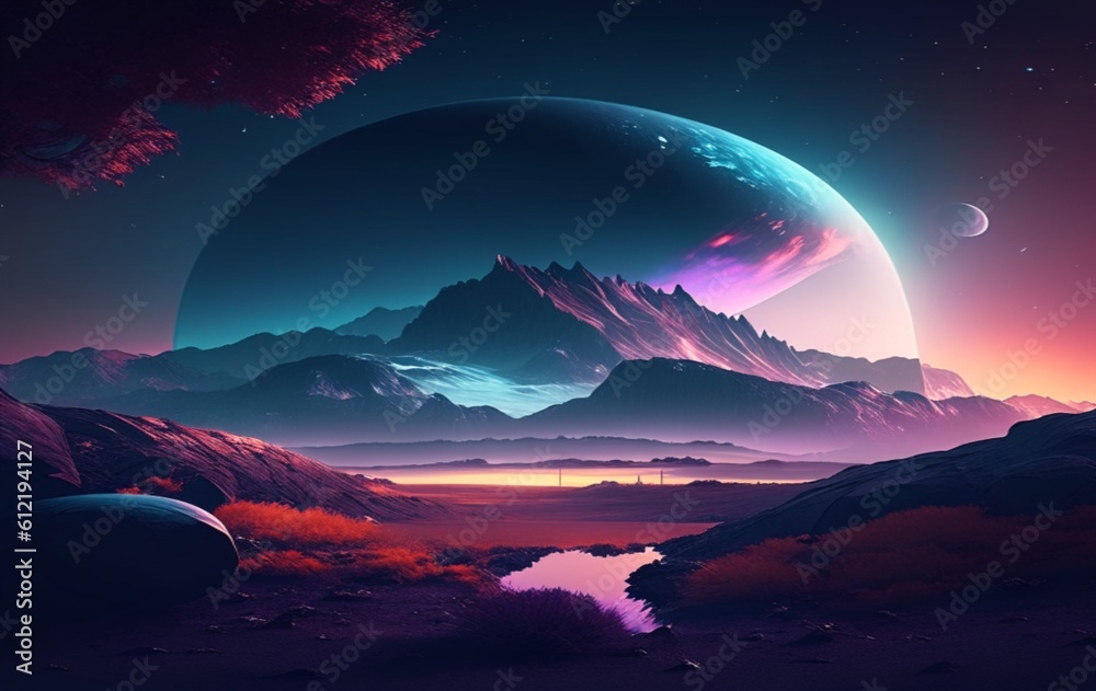 An extraterrestrial planet with amazing and amazing landscapes and stars. Generative AI