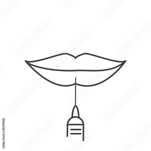 Lip dermal filler plumping injection for volume enhancement. Mouth cosmetic treatment of contouring and reshaping correction. Aesthetic cosmetology and rejuvenation beauty concept. Linear vector icon.