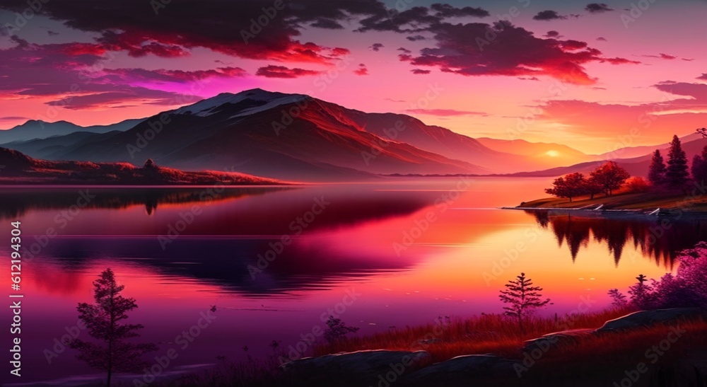 Sunrise or sunset with orange, purple and red clouds reflected in the lake water. Generative AI illustration