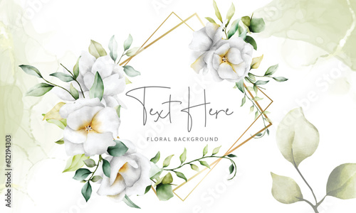 beautiful watercolor floral background with  greenery leaves and white flower