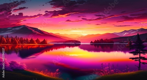 Sunrise or sunset with orange  purple and red clouds reflected in the lake water. Generative AI illustration