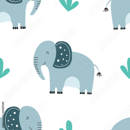 Seamless pattern with cute elephant on white background. Vector illustration in flat style. Can be used for wrapping paper, fabric, textile, wrapping paper, fabric, textile etc.