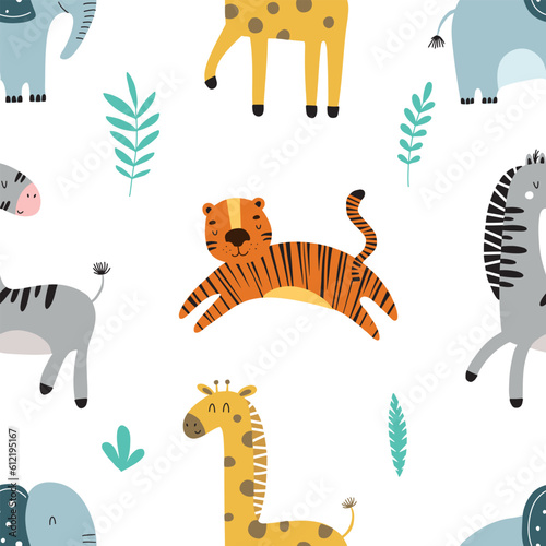 Cute vector seamless pattern with safari animals, elephant, tiger, giraffe, zebra and tropical plants. Endless background in childish style for fabric, textile, kids