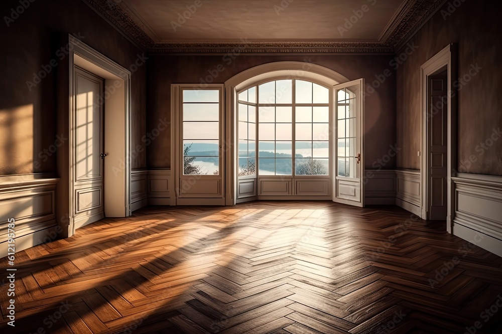 Unoccupied space with a balcony door and a hardwood parquet floor design Generative AI Unoccupied space with a balcony door and a hardwood parquet floor design Generative AI