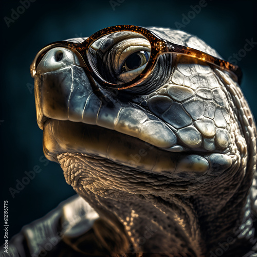 Very old turtle with bad eyesight wearing glasses. Generative AI.
