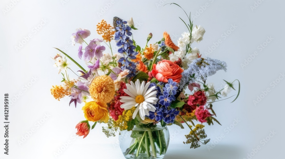 A vase of summer flowers against a white background. Inside decoration Generative AI