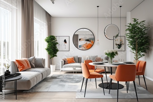 A contemporary living room with a light atmosphere and a table and chair table and decorations. Mockup of the interior of the living room. Stylish modern space with lots of natural Generative AI