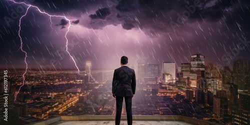 Businessman Determined to Face any Challenge, Cityscape Thunder Storm Background. Generative Ai