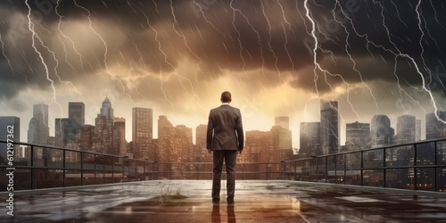 Businessman Determined to Face any Challenge  Cityscape Thunder Storm Background. Generative Ai