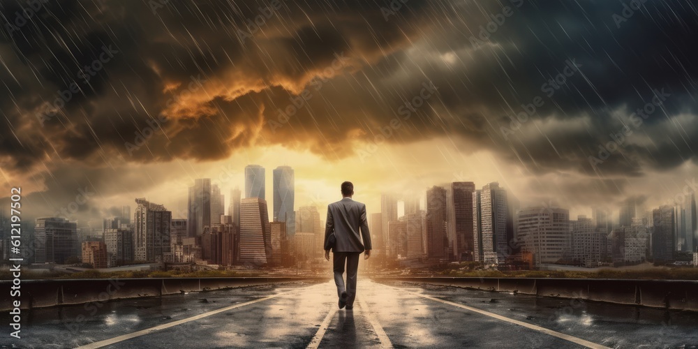 Businessman Determined to Face any Challenge, Cityscape Thunder Storm Background. Generative Ai