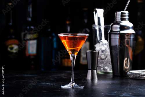 Bild auf Leinwand Bobby Burns alcoholic cocktail drink with scotch whiskey, vermouth and liquor in