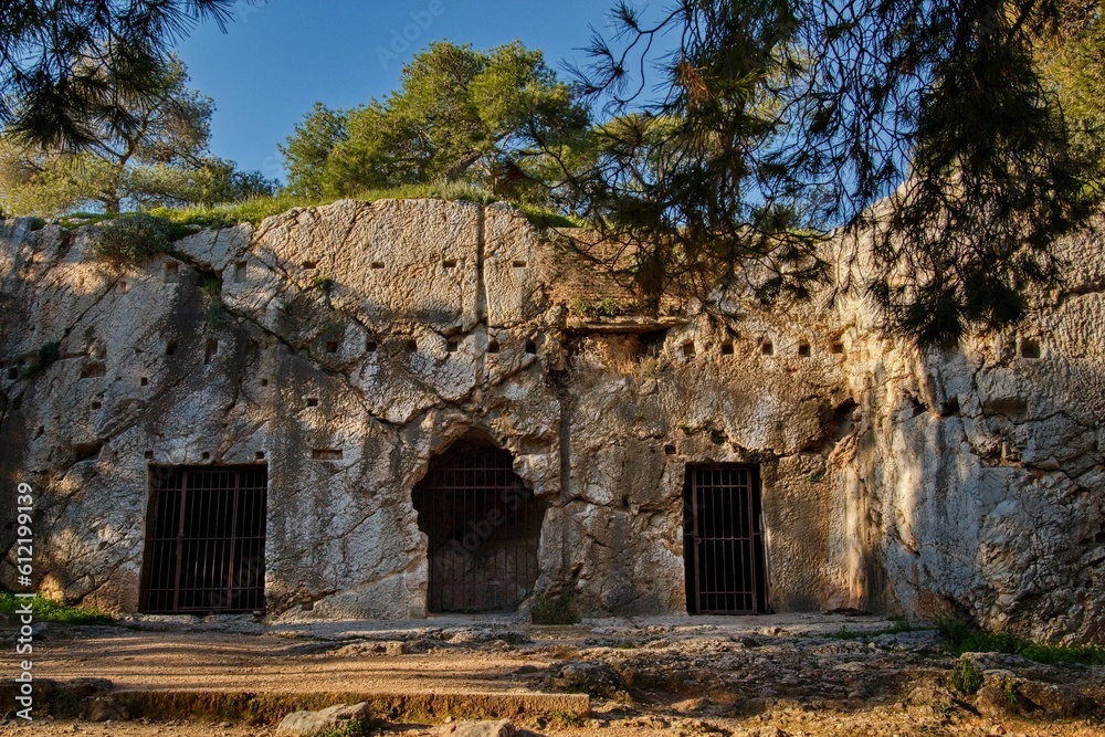 The prison of Socrates in Athens on Filopappou Hill consists from several caves carved into tough rock