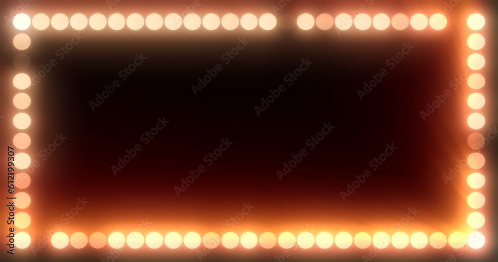 Abstract beauty frame of glowing yellow lights and light bulbs glowing bright magical energy on a black background