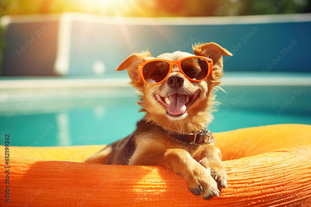 Illustration of dog on vacation at swimming pool - obrazy, fototapety, plakaty 