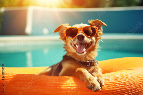 Illustration of dog on vacation at swimming pool