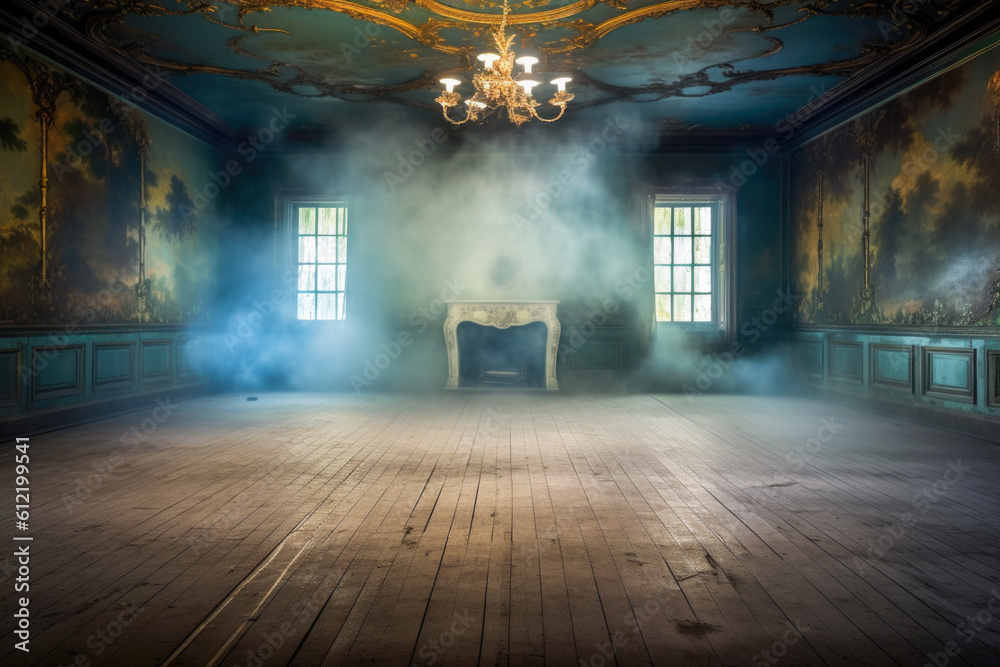 Opulent ballroom with a ghostly mist beginning to fill the room, Generative AI