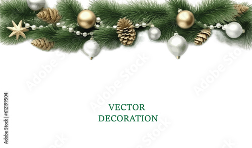 Winter holiday background. Border with Christmas tree branches and ornaments isolated on white. Fir branches  headers  party posters
