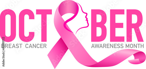 October lettering design with pink ribbon. Breast Cancer Awareness Month Campaign. For poster, banner and t-shirt. Vector Illustration.