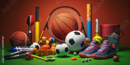 Various Sport Equipment And Many Different Accessories Background. Generative Ai