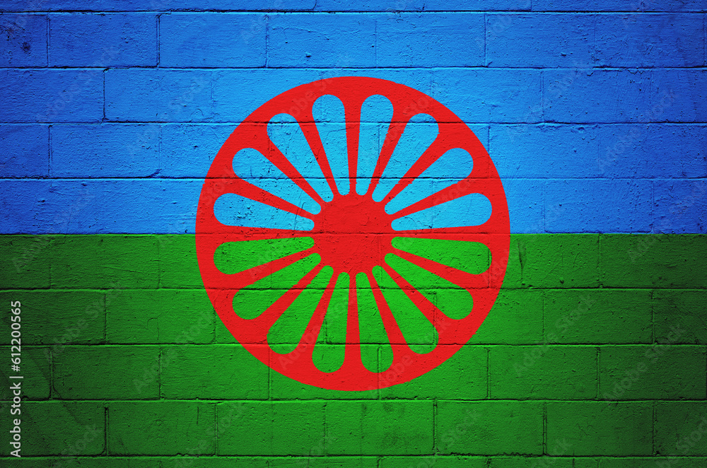 Flag of the Romani people painted on a wall