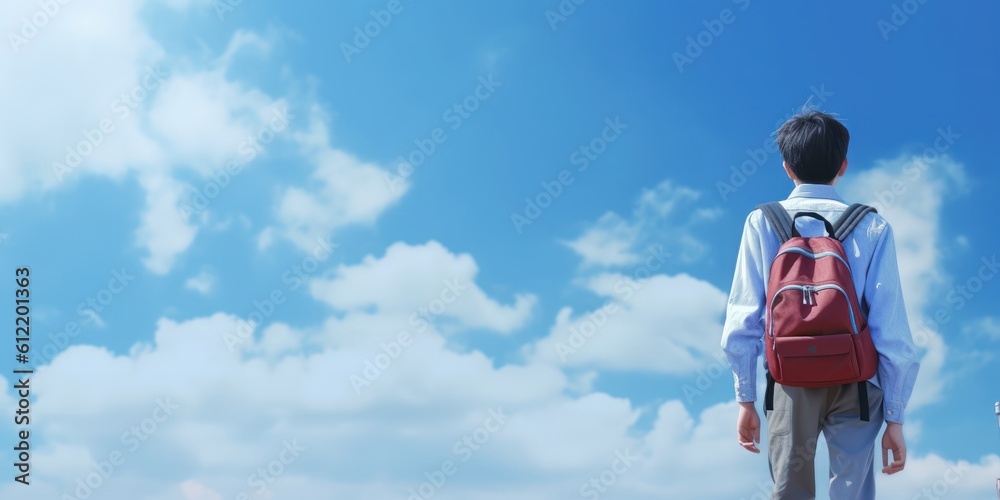Student with Backpack Walk to School Blue Sky Background. Back to School Concept. Generative Ai