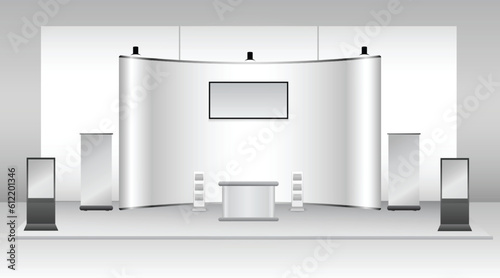 set of realistic trade exhibition stand or white blank exhibition kiosk or stand booth corporate commercial. eps vector