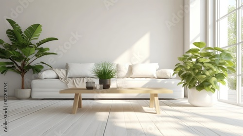 Wooden tabletop or countertop in modern and luxury white living room with white wall, desk, sofa and houseplant with sunlight at home -Generated with AI.