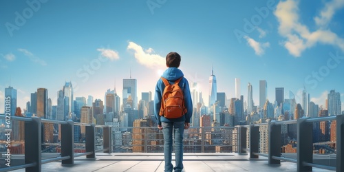 Student with Backpack Walk to School Blue Sky Background. Back to School Concept. Generative Ai © CYBERUSS