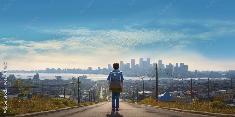 Student with Backpack Walk to School Blue Sky Background. Back to School Concept. Generative Ai Student with Backpack Walk to School Blue Sky Background. Back to School Concept. Generative Ai