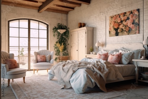 The Scandinavian Provence bedroom's interior. Pillows on the bed, a traditional armchair, a wooden table on a leg, and a vase of dried flowers Generative AI © 2rogan