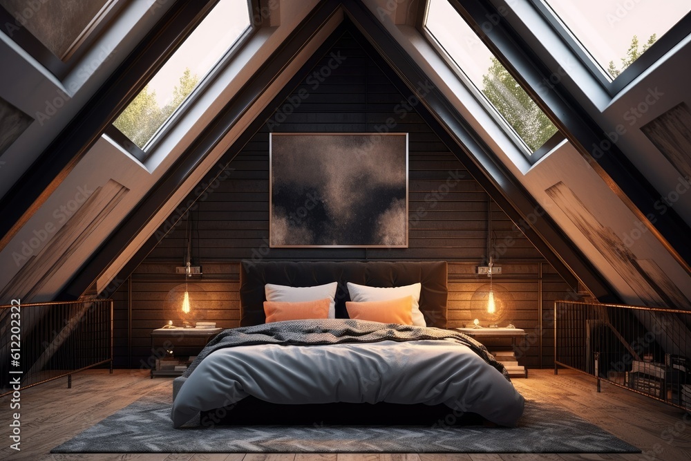 Interior of an attic bedroom with a double bed, a gray cover, a vertically framed poster, and roof windows. an angle. a mockup Generative AI Interior of an attic bedroom with a double bed, a gray cover, a vertically framed poster, and roof windows. an angle. a mockup Generative AI