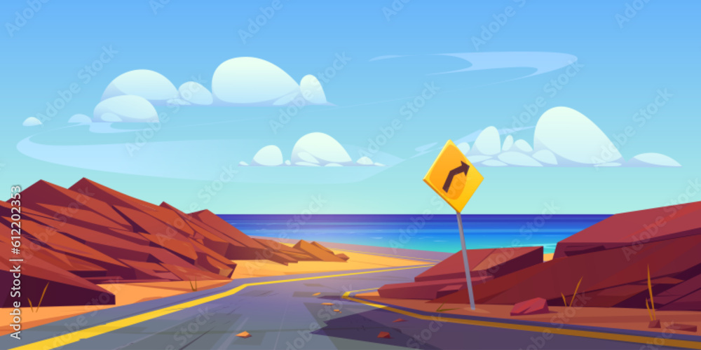 Outdoor vector road trip to sea coast landscape background. Rock nature winding rocky pathway to ocean water. Stunning empty valley with sand ground in summer. Cloudy empty asphalt route illustration