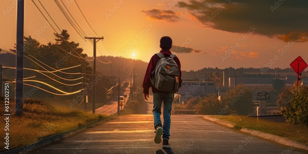 Student with Backpack Walk to School Sunset Background, Back to School Concept. Generative Ai