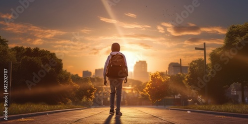 Student with Backpack Walk to School Sunset Background  Back to School Concept. Generative Ai