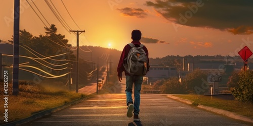 Student with Backpack Walk to School Sunset Background, Back to School Concept. Generative Ai © CYBERUSS