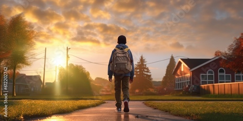 Student with Backpack Walk to School Sunset Background  Back to School Concept. Generative Ai