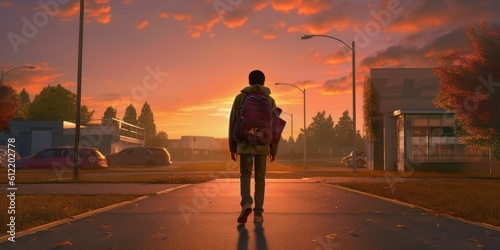 Student with Backpack Walk to School Sunset Background, Back to School Concept. Generative Ai © CYBERUSS
