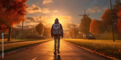 Student with Backpack Walk to School Sunset Background, Back to School Concept. Generative Ai