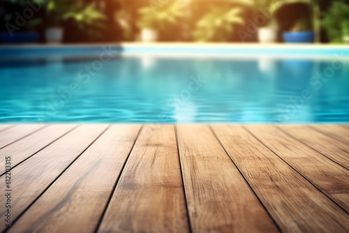 Tranquil Wooden Deck with Blurred Pool Background - Generative AI
