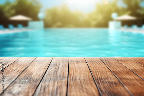 Tranquil Wooden Deck with Blurred Pool Background - Generative AI