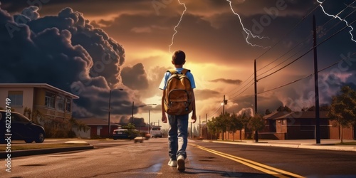 Student with Backpack Walk to School Thunder Storm Background  Back to School Concept. Generative Ai
