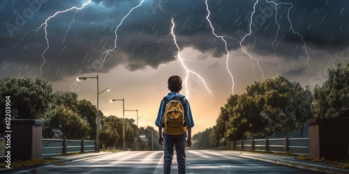 Student with Backpack Walk to School Thunder Storm Background, Back to School Concept. Generative Ai