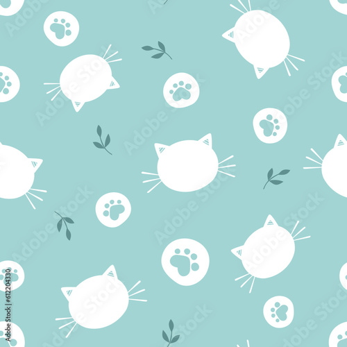 Seamless pattern with cat cartoons, foot print and branches on green mint background vector illustration. © Thanawat